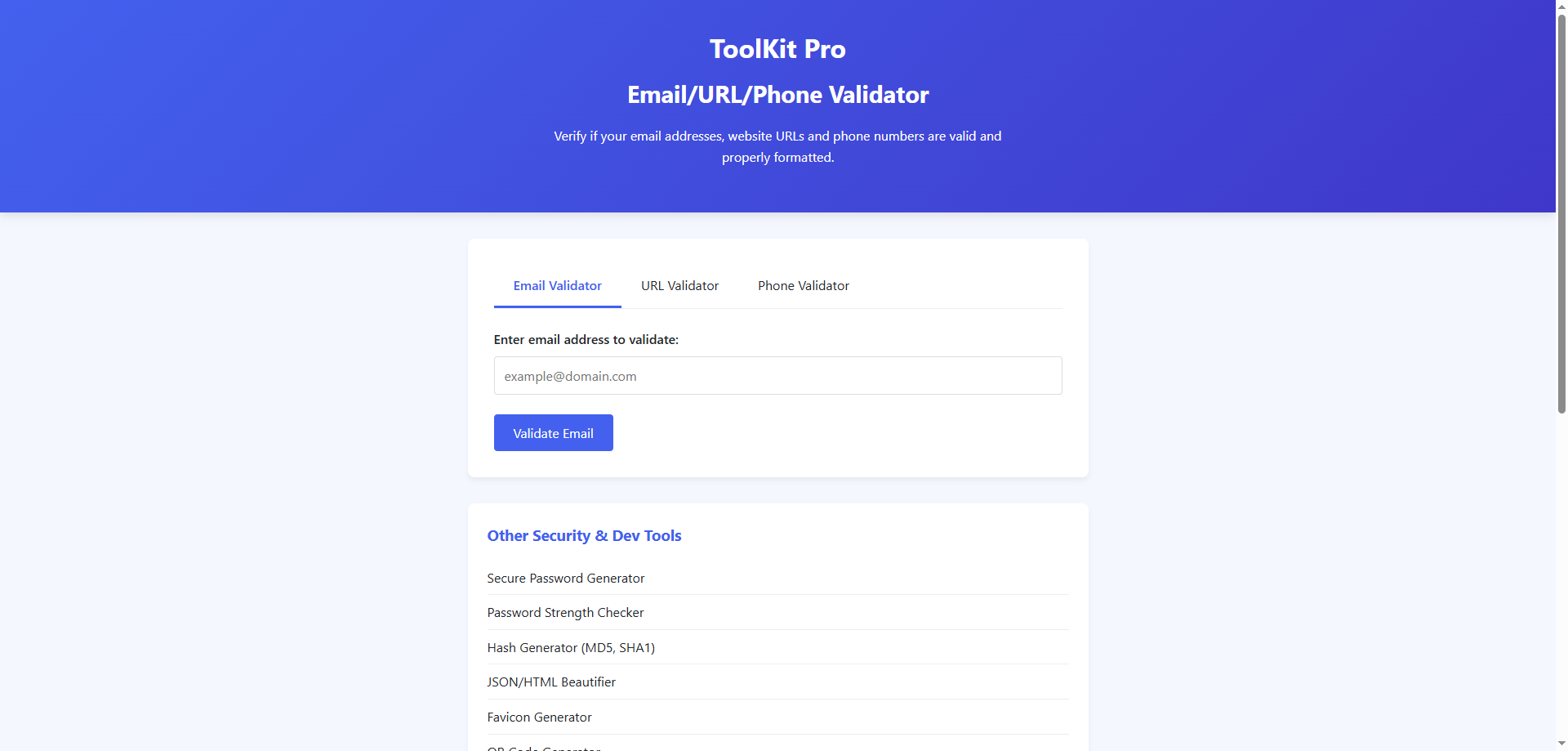 Email format validation tool interface