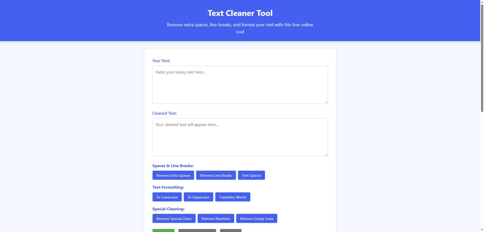 Online text cleaner tool interface removing extra spaces